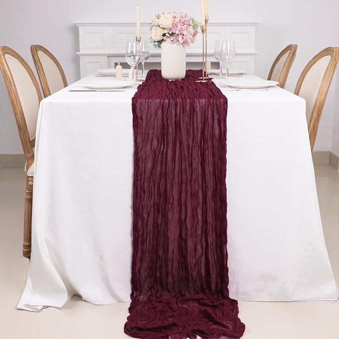 Snowkingdom 6PCS 10 Ft Burgundy Red Cheesecloth Table Runner, 120inch Long - Image 3