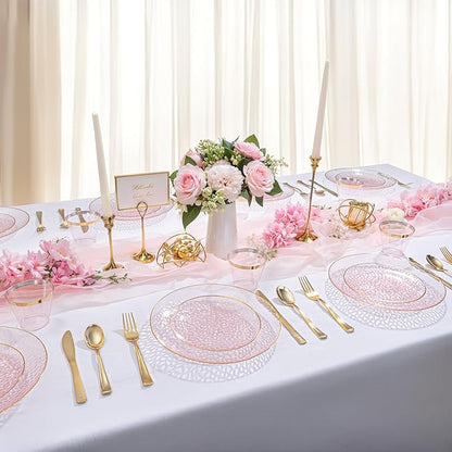 DaYammi 100PCS Pink Gold Plastic Plates - 10 inch Clear Pink Gold Dinner Plates - Hammer Pattern Design - Fancy Disposable Plate - Heavy Duty Party Plate Ideal for Wedding