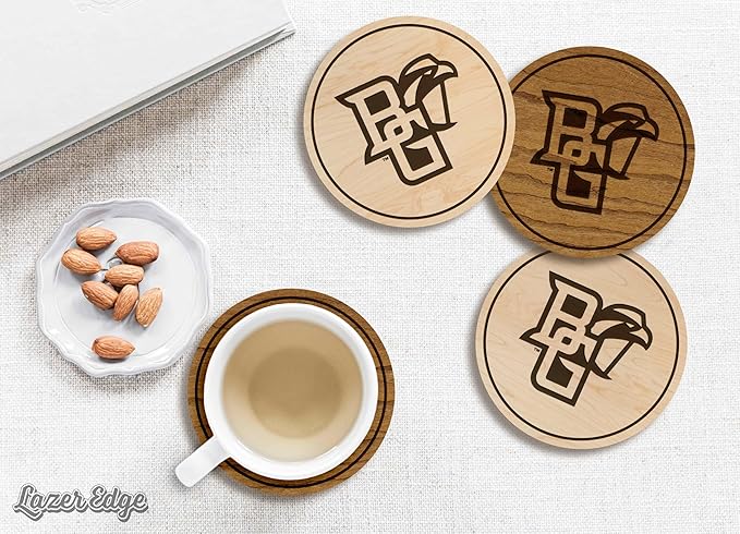 LazerEdge Bowling Green Falcons Wooden Coaster Set - Cherry Wood - Officially Licensed Product - 4-Pack