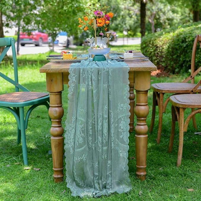 vctops Green Lace Table Runner 120 inch 10FT Floral Embroidered Boho Farmhouse by vctops