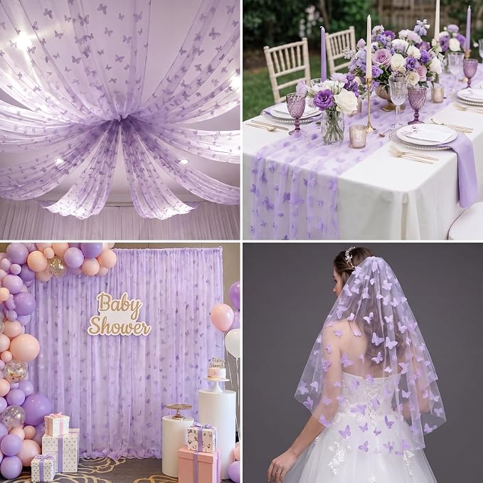 4 Pcs Butterfly Table Runner 29 x 70 Inch Purple Flocking Butterfly Tulle Table - Image 6