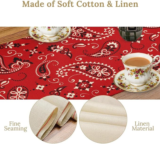 Paisley Table Runner, Boho Vintage Western Red Paisley Flower Print Table Runner - Image 6