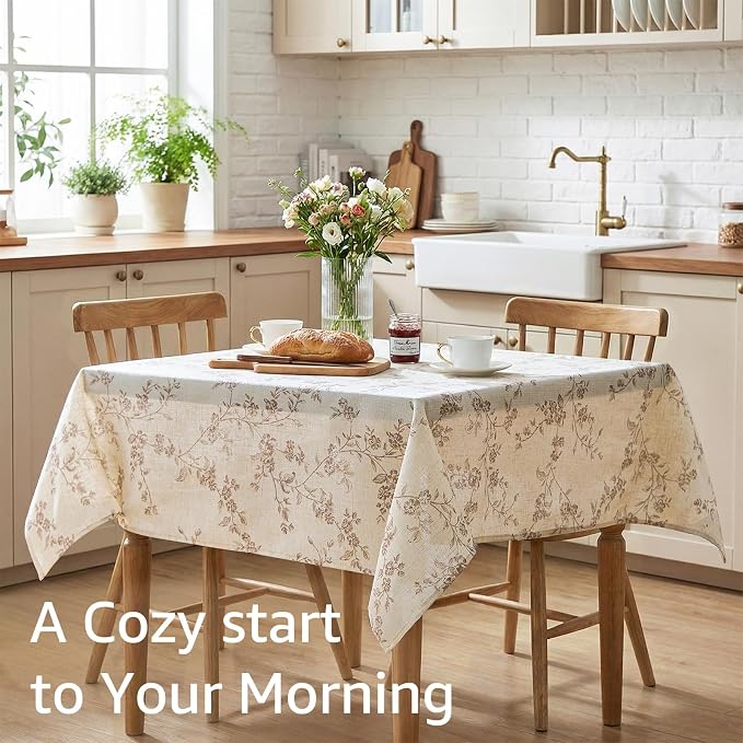 jinchan Taupe Farmhouse Floral Linen Square Table Cloth 52 x 52 Inch | Timeless - Image 2