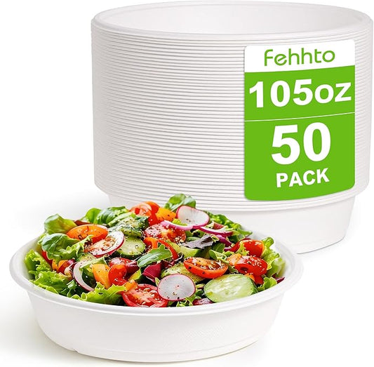 105oz Extra Large Disposable Sugarcane Fiber Paper Bowl, Heavy-Duty Round Serving Bowl for Soups, Pasta & Saucy Dishes, Eco-Friendly Tableware for Restaurants & Catering