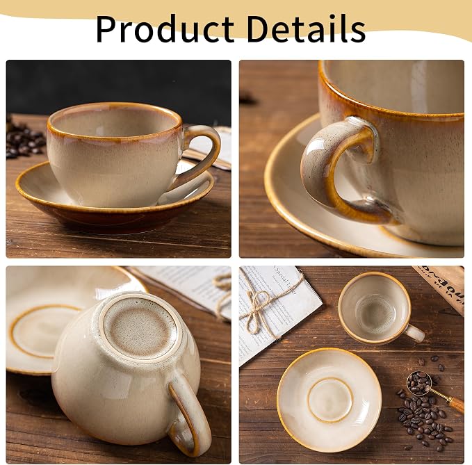 Porcelain Coffee Cup with Saucer Spoon, Vintage Design Ceramic Latte Art - Image 4