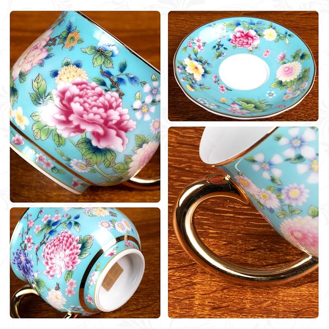 KAMMAK Tea Cup and Saucer, Ceramic Coffee Cups, 7.1 oz, Afternoon Tea and - Image 4