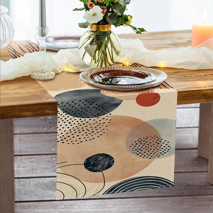 Boho Modern Geometric Dining Table Runner, Circle Abstract Art Burlap | Kitchen - Image 6