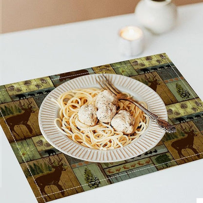 Rustic Bear Deer Placemats Wildlife Moose Forest Animal Cabin Lodge Lake Pine Heat-Resistant Linen Table Place Mats for Dining Kitchen Country Camp Style Farmhouse Decor 12x18 in 6 PCS