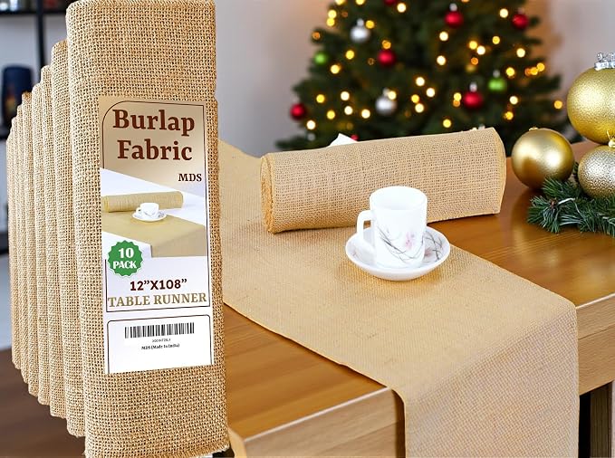 MDS® Pack of 10 Natural Burlap Table Runner, 12 x 108 Inch, Jute Vintage Rustic by MDS