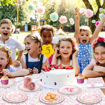 180Pcs Pink Bow Party Supplies Paper Plates and Napkins Serve 60 | Disposable - Image 5
