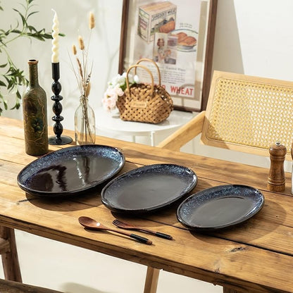 Ceramic Large Serving Platters- Set of 3 Oval Platters for Entertaining. Modern Kitchen Dishes for Dinner, Fruit, Salad, Turkey.Oven, Dishwasher Safe, 15.75"/13.75"/12",Speckled Bluish Purple