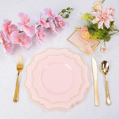 COLOSUS 60Pcs Disposable Plastic Plates Set, Gold Pink Party Plates, 30pcs Dinner Plates and 30pcs Salad/Dessert Plates for Wedding, Party, Anniversary, Daily Use,Valentine's Day