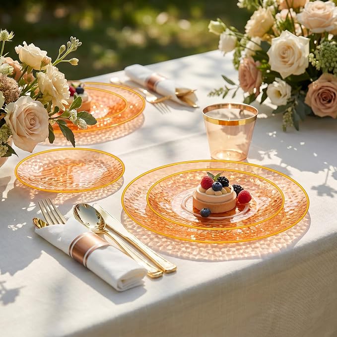 Rubtlamp 700Pcs Orange Gold Plastic Dinnerware Set, Hammered Clear Gold Plates - Image 5