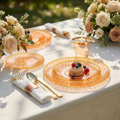 Rubtlamp 700Pcs Orange Gold Plastic Dinnerware Set, Hammered Clear Gold Plates - Image 5