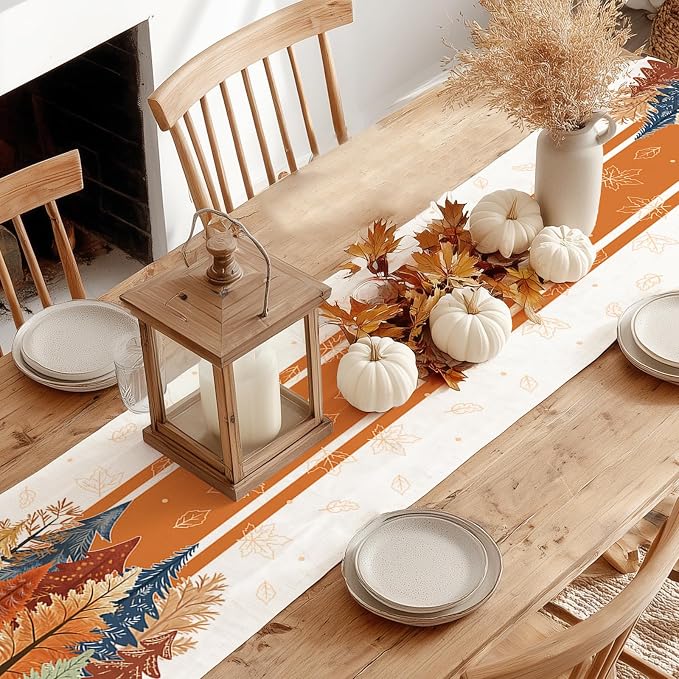 Fall Watercolor Trees & Maple Leaves Striped Table Runner 13x90 Inch, Rustic - Image 7