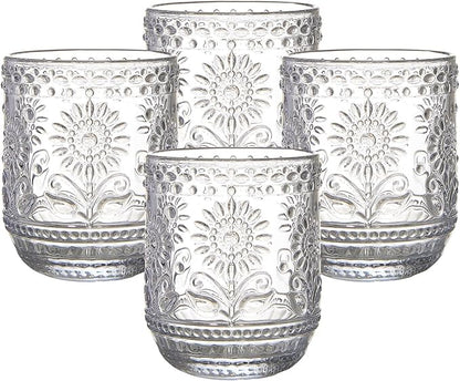 4 Pack 12 Oz Vintage Glassware Drinking Glasses Set, Embossed Floral Decorative Glassware Set for Whiskey, Beer, Juice, Wine（Transparent）