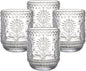 4 Pack 12 Oz Vintage Glassware Drinking Glasses Set, Embossed Floral Decorative Glassware Set for Whiskey, Beer, Juice, Wine（Transparent）