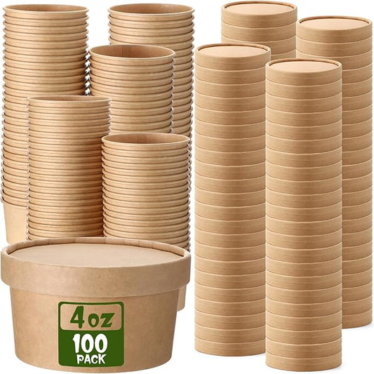 Fulmoon 100 Pack Paper Soup Containers with Lids Disposable Paper Food Containers with Vented Lid Kraft Ice Cream Cake Dessert Cups Soup Bowl for Party Hot Food Fruit Microwave(4 oz,Brown)