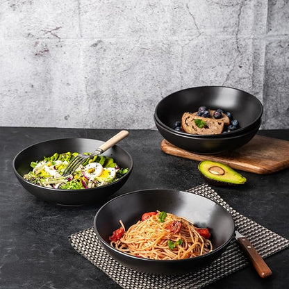 AmorArc 8.75‘’ Large Pasta Bowls, 42 ounce Deep Stoneware Bowls Set of 6 for Kitchen, Wide Bowl for Pasta/Salad/Fruit/Oatmeal/Soup, Microwave&Dishwasher Safe-Matte Black
