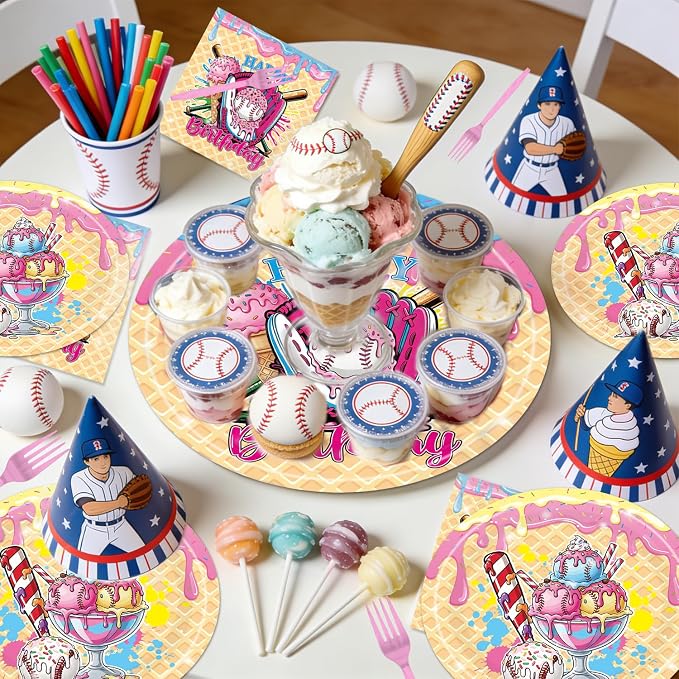 EUOYUFO 96Pcs Ice Cream Party Decorations Tableware Set Ice Cream Baseball Drip - Image 5