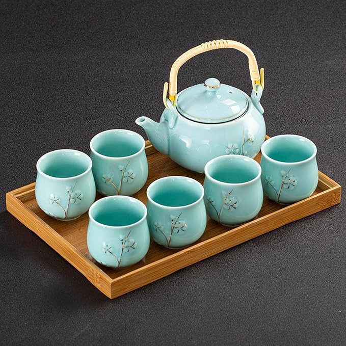 KEYDUACU Japanese Tea Set, Kiln-Formed Ceramic TeaSet, Plum Blossom Embossed - Image 2