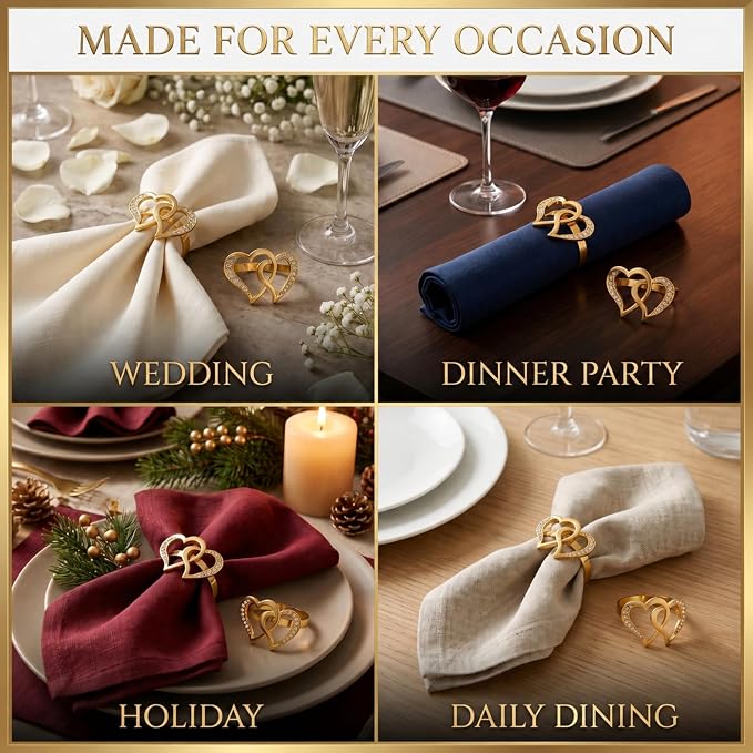 Gold Napkin Rings Set of 12 – Heart Design – Romantic Napkin Ring Holders - Image 7