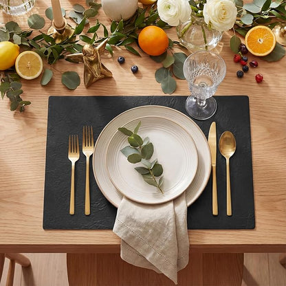 Artoid Mode Black Faux Leather Placemats Set of 4, 12x18 Inch Waterproof Wipeable Heat Resistant Vinyl Place Mats, Reversible Table Mats for Kitchen Dining Decor
