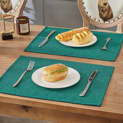 BALCONY & FALCON Placemats Set of 6 Faux Linen Cloth Place Mats Washable Waterproof Wrinkle Resistant Table Placemats for Dining Kitchen Farmhouse Indoor & Outdoor Use(Teal, 13.8”x 17.7”