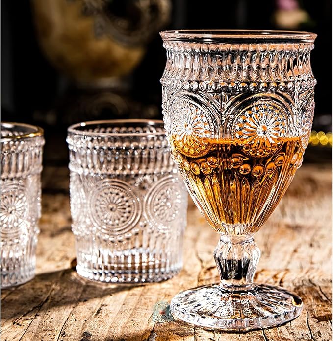 Kingrol Vintage Goblet Glasses Set of 6, 10 oz Heavy-Duty Pressed Glass Water - Image 3