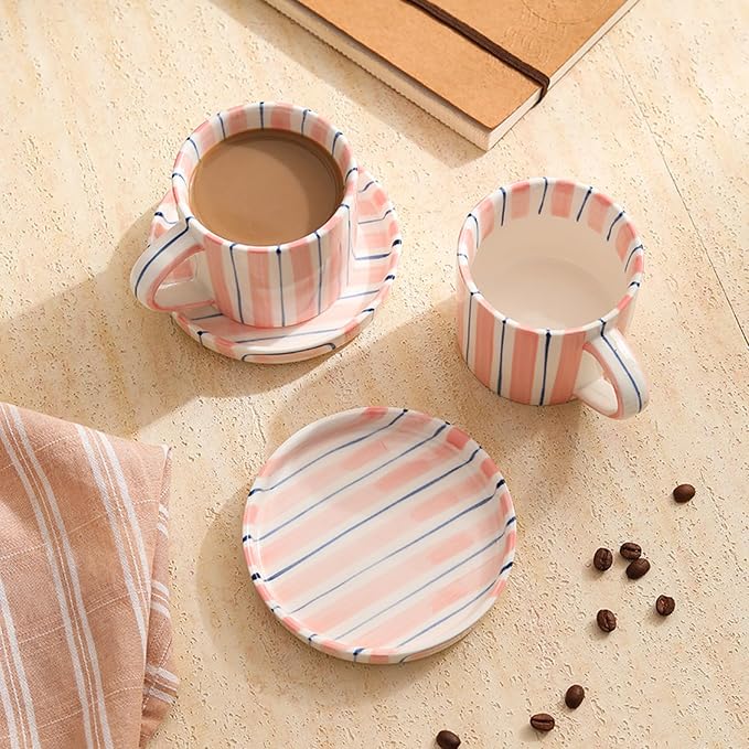 Hand-Painted Ceramic Coffee Mug and Saucer Set, 8 oz Artisan Striped Porcelain - Image 4