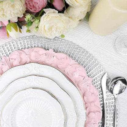 13" Pink Charger Plates, Set of 6 Plastic Textured Chargers for Dinner Plates with Embossed Rim, Table Décor, Party, Wedding, Holiday