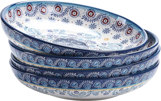 Bico Blue Talavera Pasta Bowls, 35oz Salad Bowl Set of 4, Large Ceramic Serving by Bico