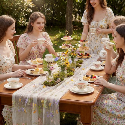 Ivory White Floral Table Runner 10ft Embroidery Tulle Spring Wildflower Gauze - Image 2