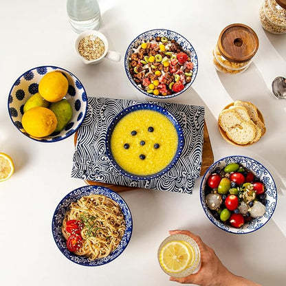 Ceramic Soup Bowls Set - 24 Oz Deep Cereal Bowl for Kitchen - 6 Inch Large Porcelain Dinner Bowl Eating Salad Pasta Dessert Oatmeal - Microwave Dishwasher Safe - Set of 6 - Vintage Blue