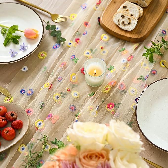 Artoid Mode 6PCS Champagne Embroidery Daisy Gauze Table Runner 120Inch 10FT | - Image 3