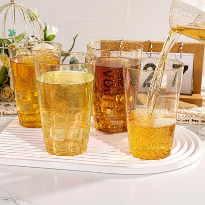 I00000 50 Pack 18 oz Gold Plastic Cups, Gold Glitter Cups Disposable Plastic Wine Glasses Cocktail Glasses Premium Cup, 18 Ounce Glitter Disposable Tumblers for Party & Wedding