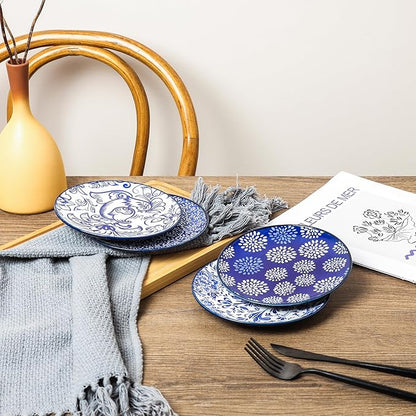 Selamica Dessert Plates Ceramic, 6 Inch Embossed Small Plates for Appetizer, Cake, Snacks, Microwave Dishwasher Safe, Set of 4, Blue