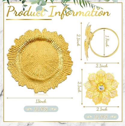 Dandat 24 Pcs Charger Plate Bulk 13'' Floral Reef Plates with Napkin Ring Plastic Dinner Charger Hollow Out Flower Napkin Holder Plastic Plate for Table Setting Wedding Party (Gold)
