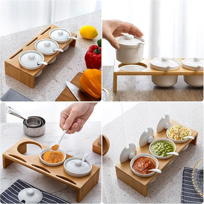 MyGift 10 Pcs Sauce Serving Dish, Hosting Party Essentials Host Gift, 3 Ceramic Ramekin Chip Dip Bowls with Lids & Spoons, Premium Bamboo Server Tray, Condiment Pot Entertaining