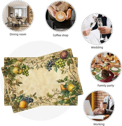 Fruit Placemats Set of 6, Fruits Grape Table Mats, Washable Place Mats for Home Party Indoor Kitchen Dining Table Decoration 12x18 Inch