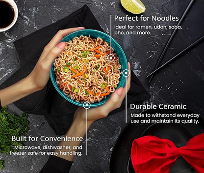 KooK Ramen Bowl, Japanese Bowls, Noodle Bowls, Large Soup Bowl, Ceramic, Large Capacity, For Ramen, Pho, Udon, Soba, Microwave and Dishwasher Safe, 34 oz, Set of 4 (Black/Teal)