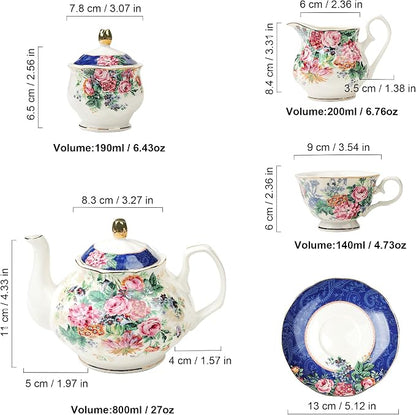 fanquare 21-Piece Blue Lace Porcelain Tea Set, China Coffee Cup and Saucer Set - Image 8