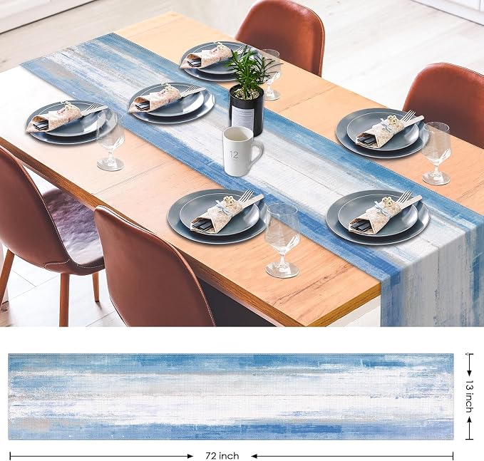 Emvency Table Runner, 13x72 Inch, Abstract Farmhouse Blue | Grey Art Dining - Image 3