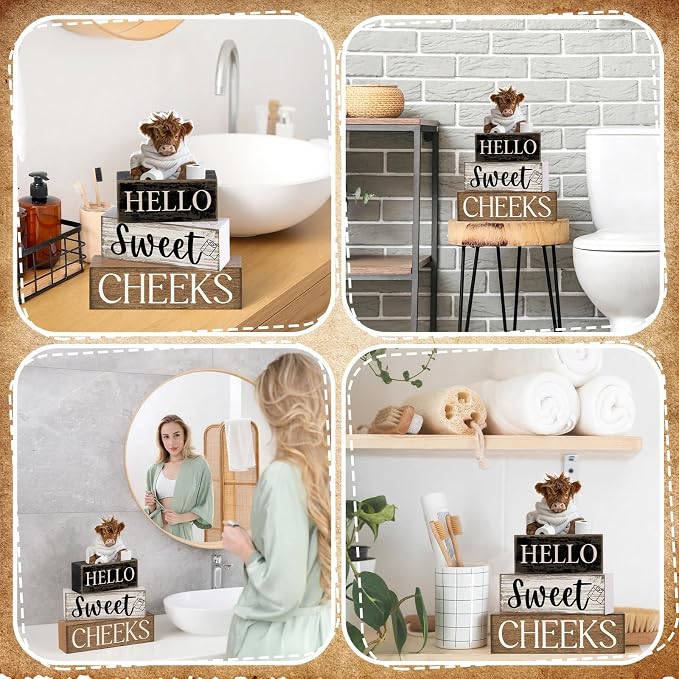 Moucuny 4 Pcs Bathroom Shelf Decor Highland Cow Farmhouse Bathroom Decor and - Image 6