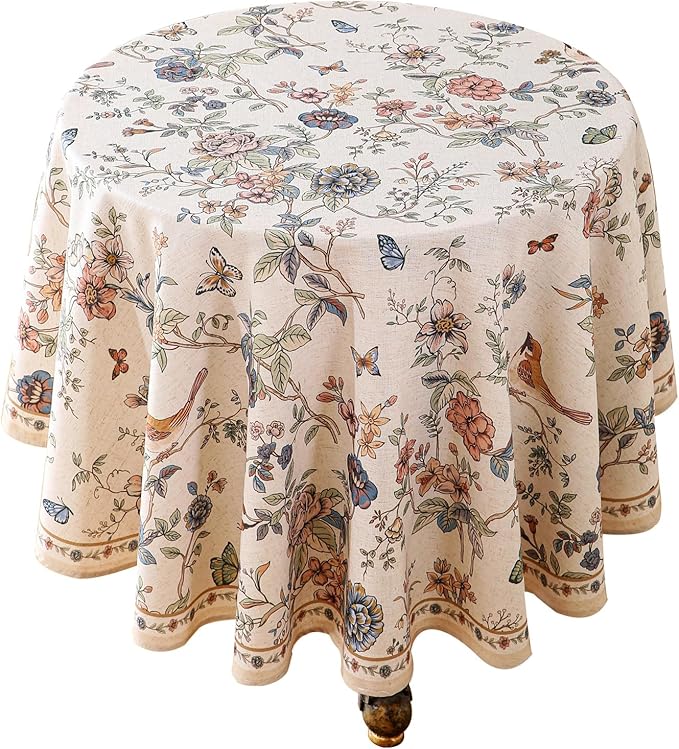 ISAENNE Designer French Light Beige Round Tablecloth,Linen Florals and Birds Pattern Table Cloth,Anti-Wrinkle Decorative Tablecloths for Dining Thanksgiving Kitchen,Diameter 67"-Cornucopia