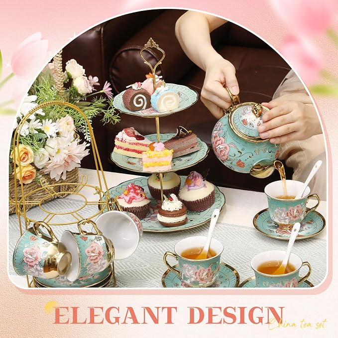 21 Pcs Ceramic Teapot Set Vintage Porcelain Tea Cups - Image 3