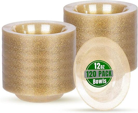 bUCLA 120 Pack Disposable Plastic Bowls - 12oz Clear Gold Glitter Party Bowls for Salads, Desserts, Soups - Premium Disposable for Parties & Thanksgiving