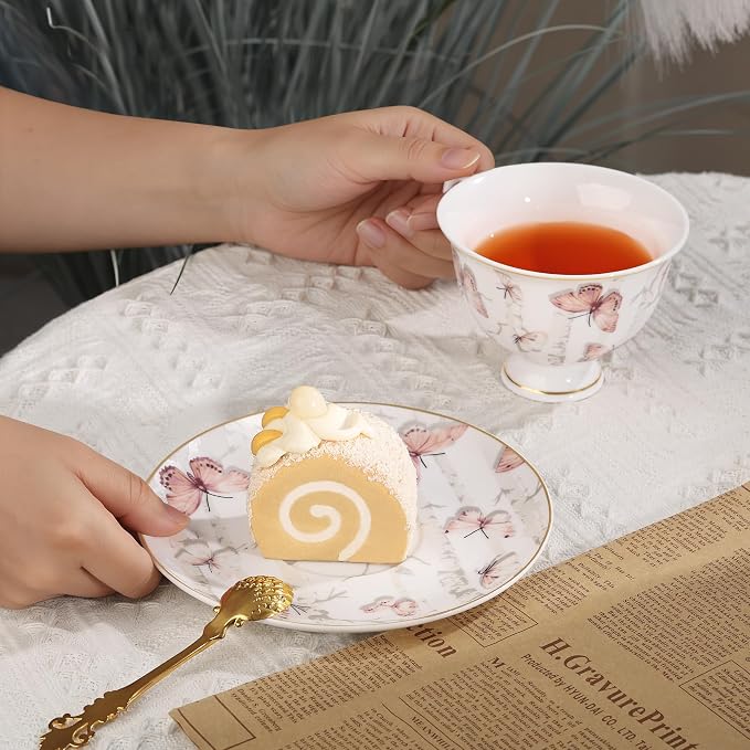 fanquare 6oz Pink Butterflies Porcelain Tea Cups and Saucers Set of 6 | Elegant - Image 5