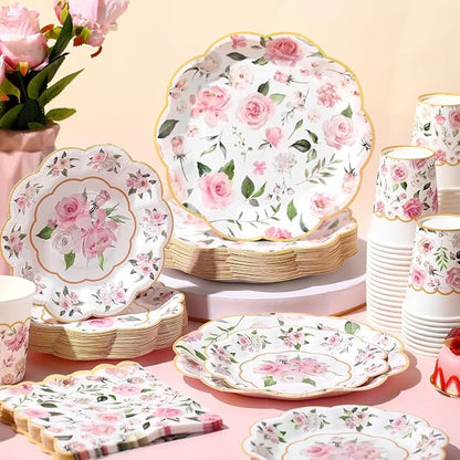 Funnymoom 250 Pcs Floral Party Decorations Flower Paper Plates Napkins and Cups - Image 4