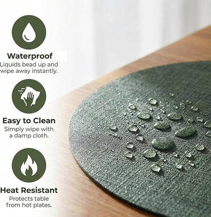 Placemats Set of 4 - Washable Heat Resistant Table Placemats - Wipeable Faux Leather Oval Place Mats, Waterproof Table Mats for Dining Table, Green